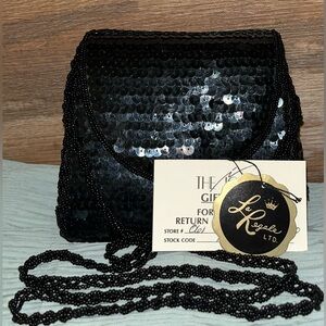Vintage La Regale EC Black Sequin Beaded Strap Evening Bag authentic cards/box